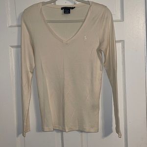 Cream w White Polo horse, long sleeve V-neck NWOT